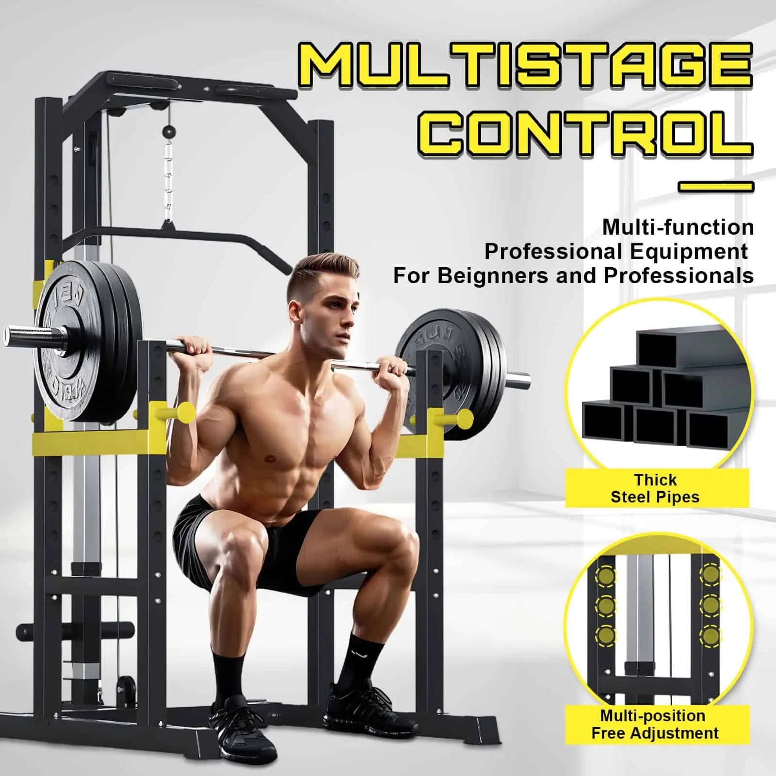 محطة السكوات الشاملة مع بكرة السحب (Power Cage with Lat Pulldown)