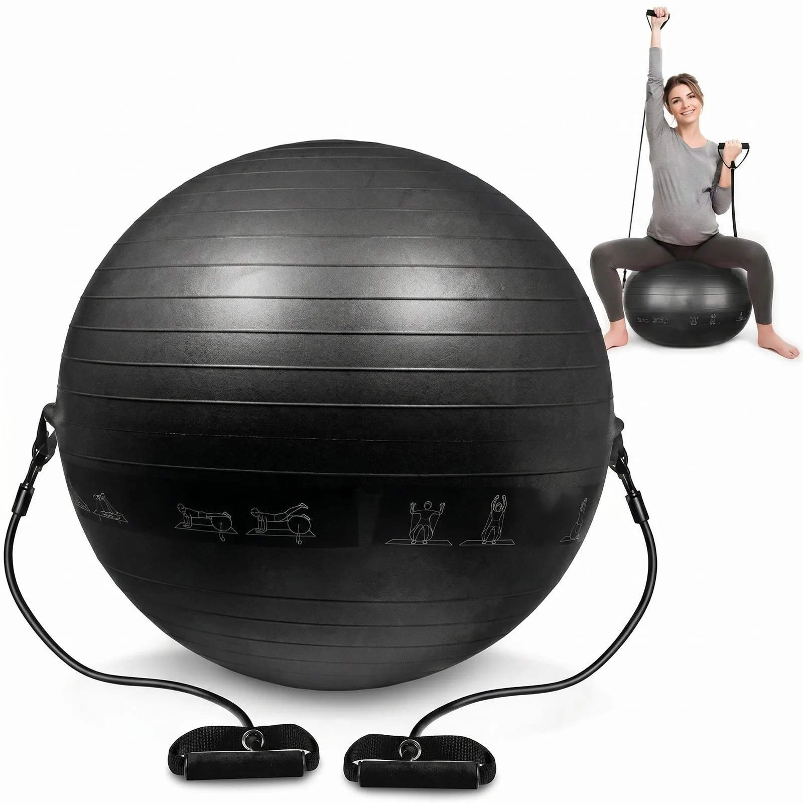 كرة اليوغا مع ممساك يد (Yoga Ball with Resistance Bands) – 65 سم